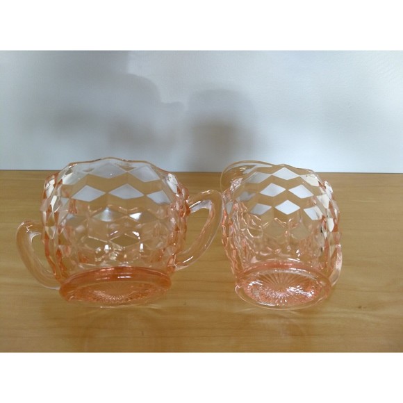 PINK DEPRESSION GLASS Creamer & Sugar Bowl Set Jeanette DIAMOND CUBIST Vintage - Picture 15 of 16